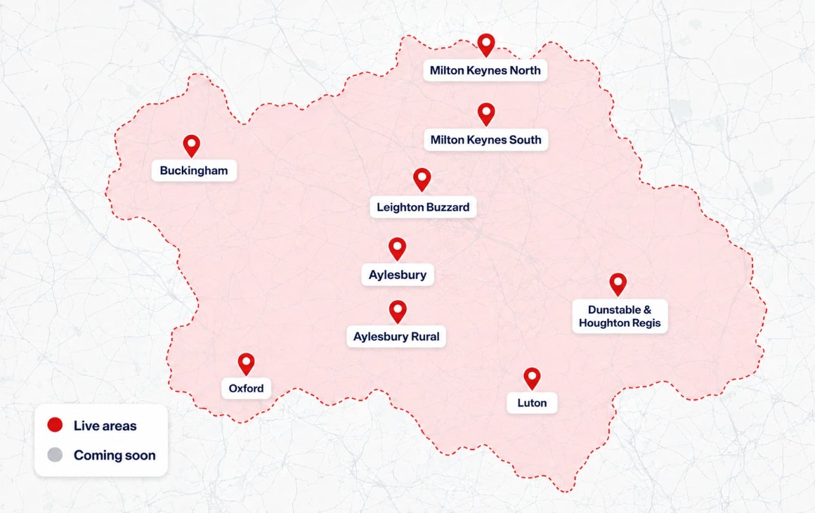 Map of Buckinghamshire and surrounding areas showing MailShout's delivery locations, including Aylesbury, Milton Keynes, Buckingham, Leighton Buzzard, Oxford and Luton